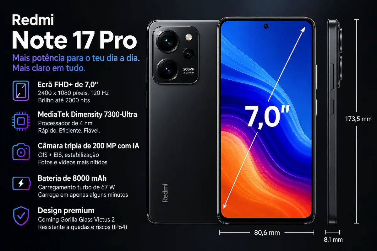 Xiaomi Redmi Note 17 recebe bateria de 8.000 mAh e ecrã de 7 polegadas